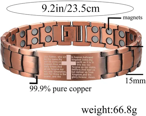 Vista 5 de MagEnergy Pulsera de cobre para hombre, 99.9% de cobre puro, pulsera magnética con imanes de doble fila, caja de joyería ajustable para la salud