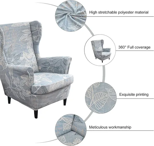 Vista 3 de Wingback - Funda elástica para silla, 2 piezas, con respaldo de ala, funda protectora de muebles impresa, suave con parte inferior elástica