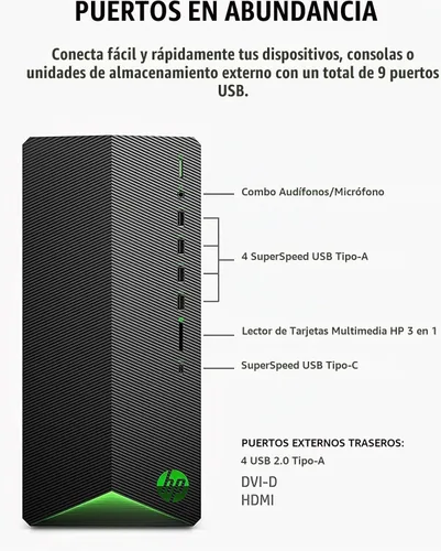 Vista 3 de HP Escritorio Pavilion Gaming TG01 2022 para juegos, procesador Intel Core i5-10400F, NVIDIA GeForce RTX 3060, 9 puertos, HDMI, Wireless-AC