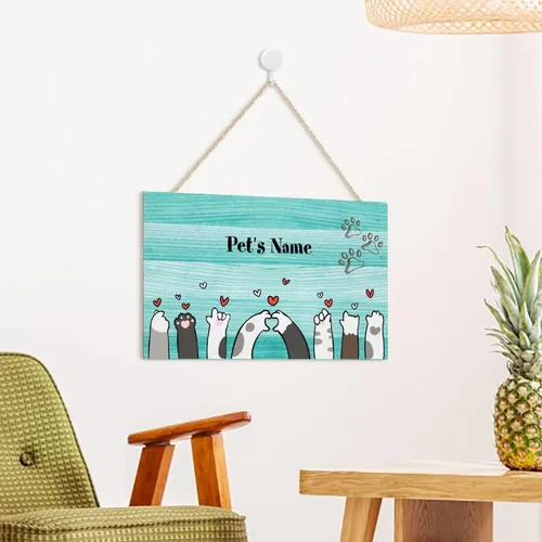Vista 3 de Letrero de puerta colgante personalizado con diseño de pata de gato, letrero de pared personalizado con nombre de mascota, placas de madera