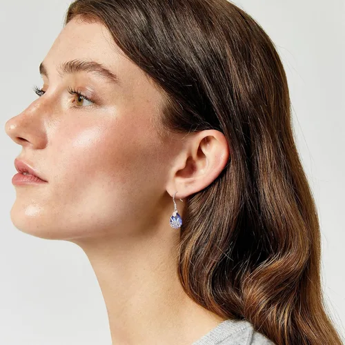 Vista 5 de Aretes de loto de plata de ley 925 con diseño de loto, aretes colgantes de loto azul zafiro, regalo de joyería para mujeres y niñas, Plata de ley