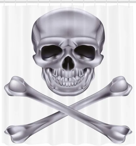 Vista 2 de Ambesonne Cortina de ducha gris, calavera vívida y huesos cruzados, peligroso esqueleto muerto aterrador, cara malvada, tema de Halloween, juego