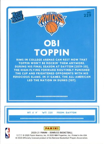 Vista 2 de 2020-21 Donruss #229 Obi Toppin Rated Rookies NM-MT RC Rookie New York Knicks Basketball Trading Card