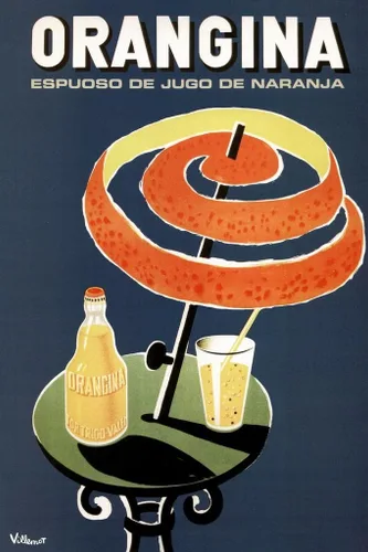Vista 4 de Bernard Villemot Orangina Vintage Naranja Bebida Publicidad Anuncio Cáscara de Naranja Paraguas Elegante Arte de Pared Impresión Cartel Poster 12x18