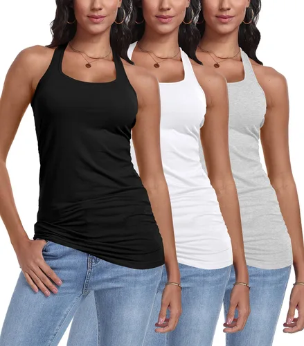 Vista 12 de Paquete de 3 camisetas sin mangas con espalda cruzada para mujer Negro+blanco+rosa
