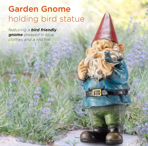 Vista 15 de Grayson Gnomo de jardín con adorno de pájaro, Jardín, S, Rojo