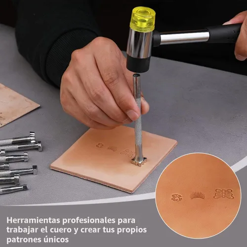 Vista 6 de Sellos de cuero, 21 piezas de herramientas de estampado de cuero con martillo de goma Sellos de cuero para el trabajo de cueros, kit de estampado