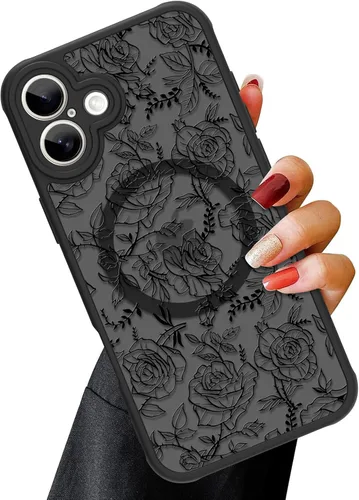 Vista 74 de OOK Funda magnética para iPhone 13 Pro Max [compatible con MagSafe] Funda delgada translúcida mate con flor silvestre negra, protección para lente