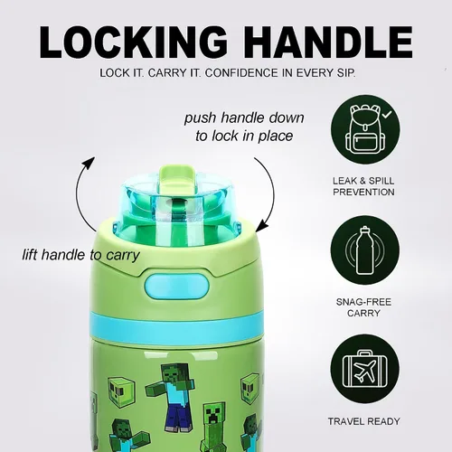Vista 4 de Bioworld Botella de agua de acero inoxidable de 24 oz Minecraft AOP Verde