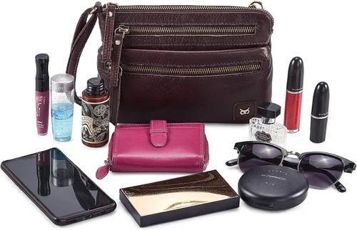 Vista 7 de Wise Owl Accessories Bolso cruzado pequeño de cuero real con triple cremallera para mujer, bolso cruzado vintage de primera calidad