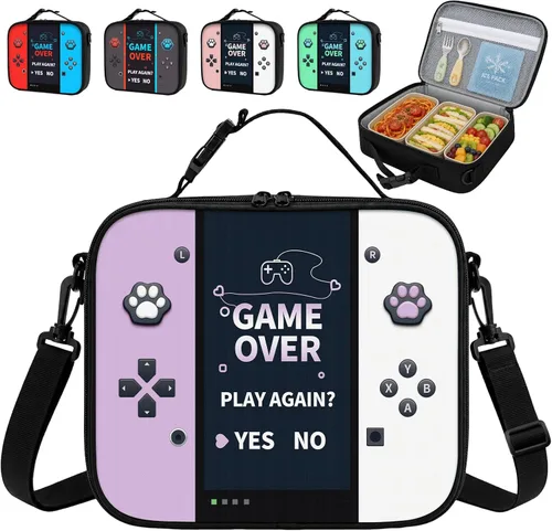 Vista 9 de Lonchera aislada para consola de juegos, para adolescentes, niños, niñas, niños, reutilizable, de gran capacidad, con etiqueta de nombre, correa