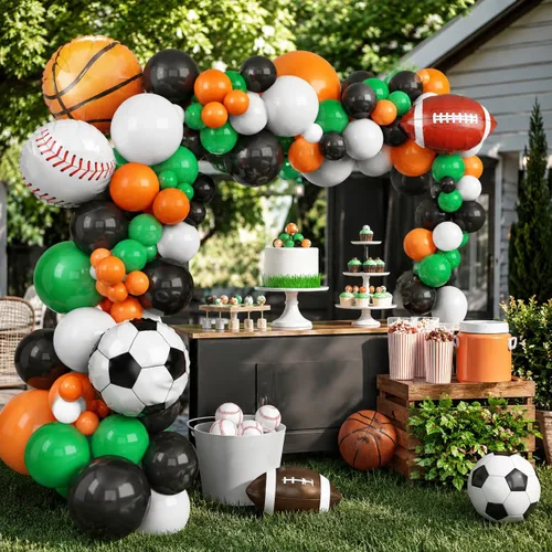 Vista 4 de Guirnalda de arco de globos deportivos, kit de guirnalda de globos con tema de bolas, globos blancos, verdes, negros y naranjas, globos de aluminio