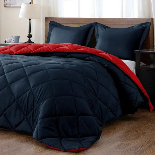 Vista 9 de Juego de edredón reversible alternativo de 5 piezas (rojo/rosa, Queen (88 x 88 pulgadas), 1 edredón con 4 fundas de almohada, algodón suave, 1000