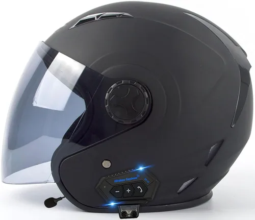 Vista 19 de Casco Bluetooth para motocicleta 3/4, casco retro abierto con visera solar, casco de moto Jet para hombres y mujeres adultos, casco aprobado por DOT