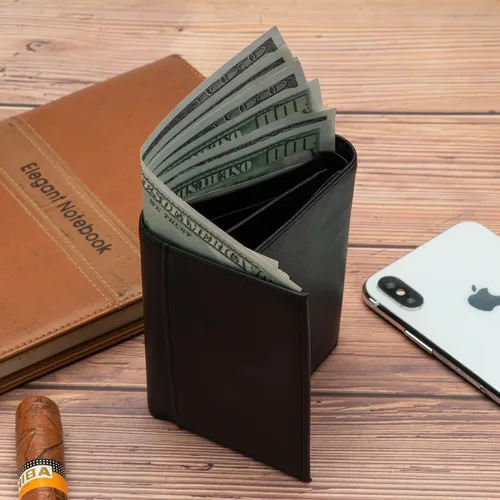 Vista 4 de Billetera de cuero para hombre, con bloqueo RFID, de piel auténtica, triple pliegue, Negro -, Cartera Rfid