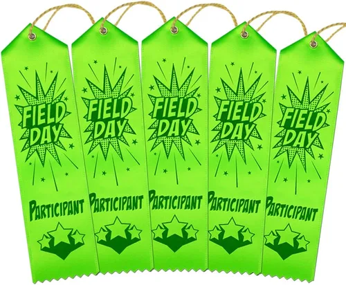 Vista 3 de RibbonsNow Cintas para participantes del día de campo escolar - 100 cintas verdes con tarjeta y cuerda