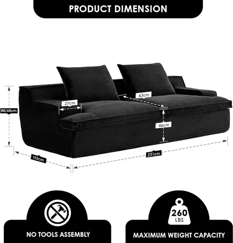 Vista 2 de Comfora Sofá de 4 plazas de gran tamaño, sofá de espuma completa para sala de estar con reposabrazos anchos, tapicería de pana suave, sofá
