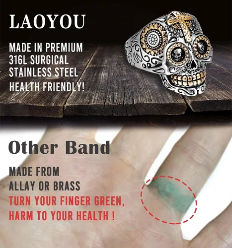 Vista 3 de LAOYOU Sugar Skull Rings for Men Women, Stainless Steel Day of the Dead Mens Jewelry, Cool Biker Gothic Ring Christmas halloween Gifts