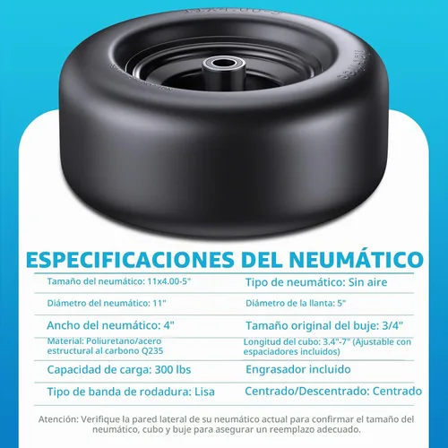 Vista 5 de Conjunto de neumáticos y ruedas planas de 11 x 4.00-5 pulgadas, ajuste universal de 11 x 4.00-5, ruedas sólidas para uso residencial y comercial