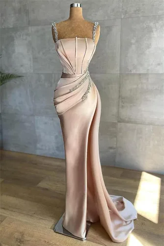 Vista 2 de Vestidos largos de satén con tirantes delgados, vestidos largos de sirena para mujer, vestidos de noche ajustados con cuentas 2023