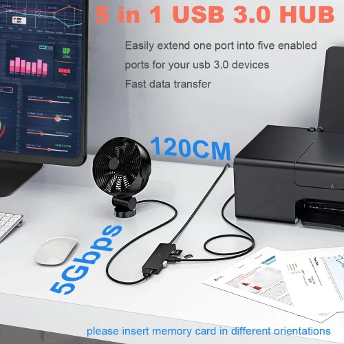 Vista 2 de TSUPY Hub 3.0 Splitter, TSUPY USB 3.0 Hub Multi USB adaptador expansor de puerto con cable de 4 pies, lector de tarjetas SD/TF y 3 puertos USB 3.0