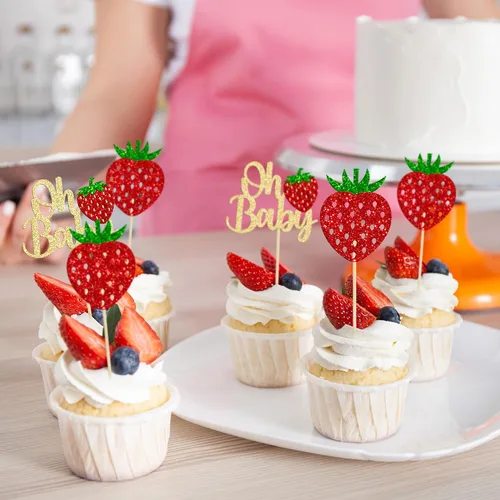 Vista 7 de Paquete de 24 adornos para cupcakes Sweet Oh Baby con purpurina de fresa, selecciones de frutas, baby shower, niños, cumpleaños, bayas, cupcakes
