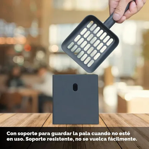 Vista 2 de Cuchara de arena para gatos con carrito y soporte, con contenedor para almacenar, material ABS duradero y bonito diseño, 85 gris oscuro mate