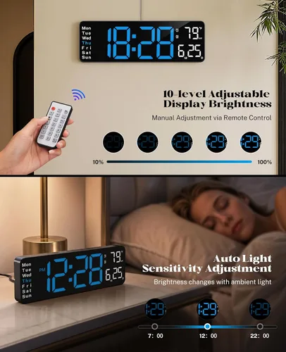 Vista 4 de Digital Clock Large Display, 13" Large Wall Clock for Classroom Big Led Wall Clocks with Remote Control,Date,Week,Alarm,Temp&DST for