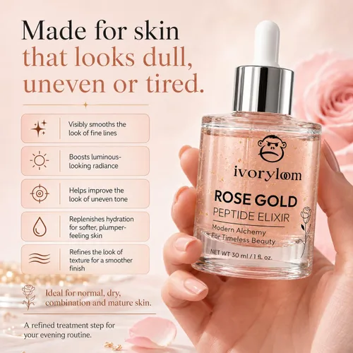 Vista 6 de ivoryloom - Suero facial de elixir peptídico de oro rosa, oro de 24 quilates, extracto de rosa, péptidos, ácido hialurónico, vitamina C