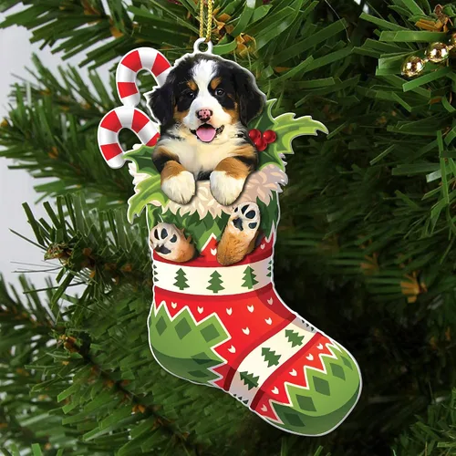 Vista 2 de Adorno acrílico plano de Navidad para perro de montaña bernés, adorable cachorro de montaña bernés en calcetín con bastones de caramelo, decoración