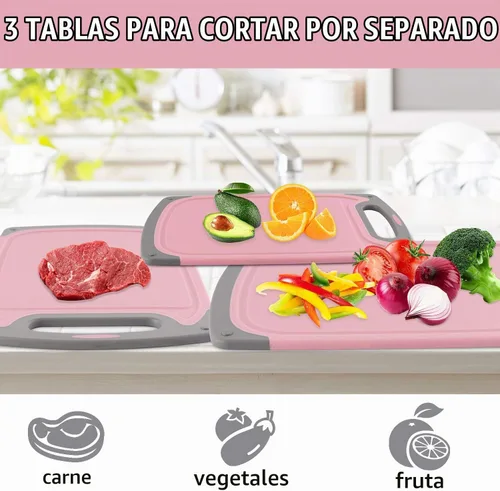 Vista 3 de Juego de 4 tablas de cortar de plástico para cocina, con patas antideslizantes y ranura profunda para jugo, mango de fácil agarre, aptas