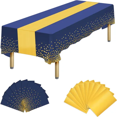 Vista 15 de Paquete de 10 manteles rectangulares de plástico y camino de mesa de satén, mantel desechable negro rectangular y dorado para cumpleaños