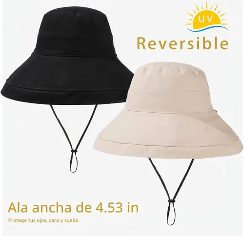 Vista 6 de vidsel Sombreros de sol para mujer, de ala ancha, reversible, de algodón, plegable, de verano, con clip para sombrero, protección UV negro beige