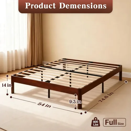 Vista 2 de Base de cama de plataforma de tamaño matrimonial para dormitorio, marcos de cama de madera resistente de 14 pulgadas con listones de madera, fácil