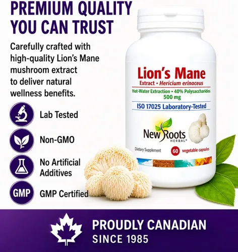Vista 8 de NEW ROOTS HERBAL Cápsulas de suplemento de melena de león (60 cápsulas) 500 mg en polvo de hongo de melena de león altamente concentrado