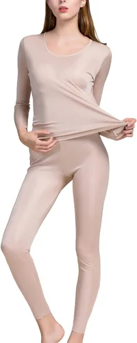 Vista 5 de Grenasasilk Ropa interior larga de seda para mujer, ropa interior térmica de seda de morera, ropa interior térmica para clima frío Beige