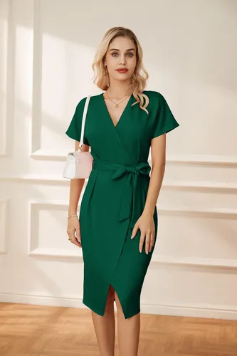Vista 2 de GRACE KARIN Vestido de negocios de manga corta con cuello en V para mujer, con lazo en la cintura, vestido de cóctel con abertura, vestido midi