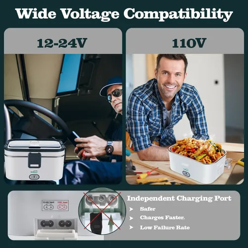 Vista 4 de Buddew Lonchera eléctrica para adultos, lonchera térmica de 80 W, calentador de alimentos portátil de acero inoxidable de 1.8 L, 12/24/110 V