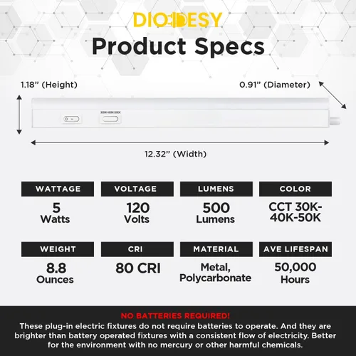 Vista 2 de Iluminación LED de 12 pulgadas enlazable debajo del gabinete 5W (equivalente a 40W) 500 lúmenes 3000K/4000K/5000K seleccionable por color