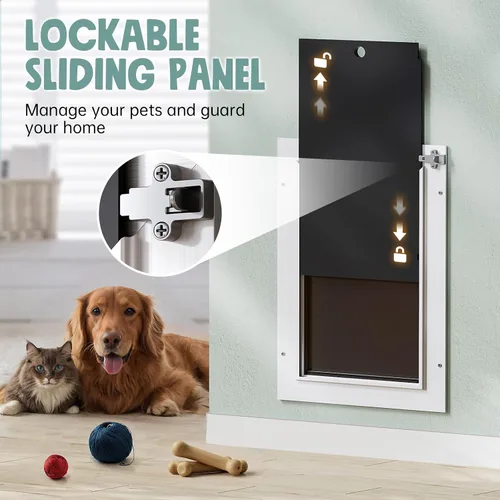 Vista 5 de Puerta de perro de 3 solapas para pared, puerta grande de aleación de aluminio, puerta para mascotas de montaje en pared para perros con 2