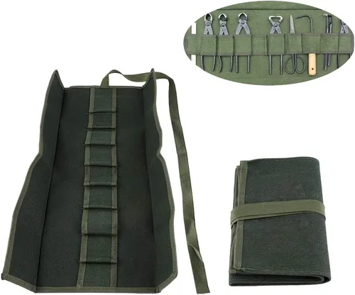 Vista 5 de Bolsa de herramientas de jardín, organizador de almacenamiento multifuncional portátil para jardinería, bonsái, lona verde, 10 bolsillos, 23.6 x