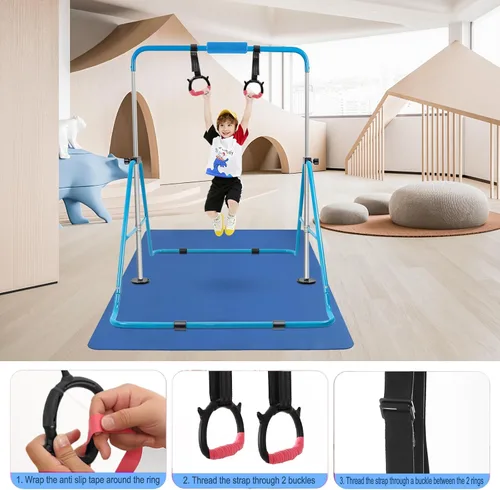 Vista 5 de Gymnastics Bar for Kids,Folding Gymnastic Training Kip Bar with Rings,Gymnastics Equipment for Kids,5-Level Adjustable Height Fitness Equipment for