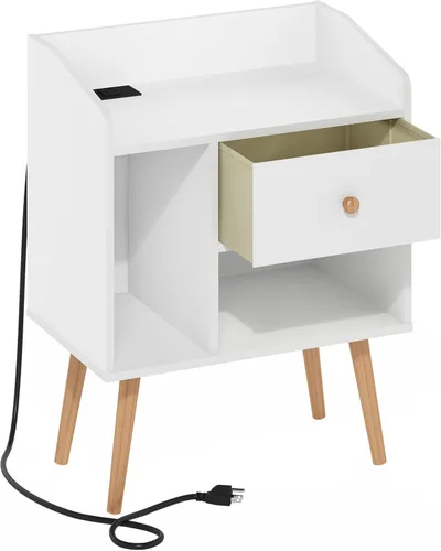 Vista 6 de Furinno Claude Mesa Auxiliar, Mesa Lateral de Mediados de Siglo con Estación de Carga, Mesita de Noche con Patas de Madera, Mesa de Cabecera