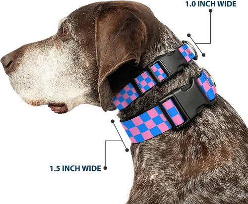 Vista 2 de Collar de clip de plástico BUCKLE-DOWN Checker – Color Negro/Rosa – 1/2" de ancho – Compatible con cuello de 9 – 15" – grande