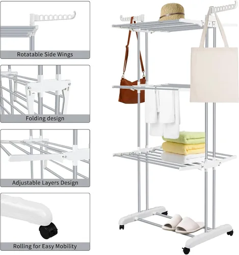 Vista 4 de Estante de secado de ropa, 3 niveles, multifuncional, grande, para caballos, perchero ajustable de acero inoxidable, colgador de ropa con dos alas