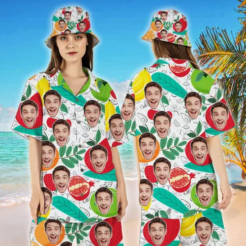 Vista 2 de Personalized Custom Face Tropical Unisex Hawaiian Shirt and Shorts Set with Bucket Hat S-5XL