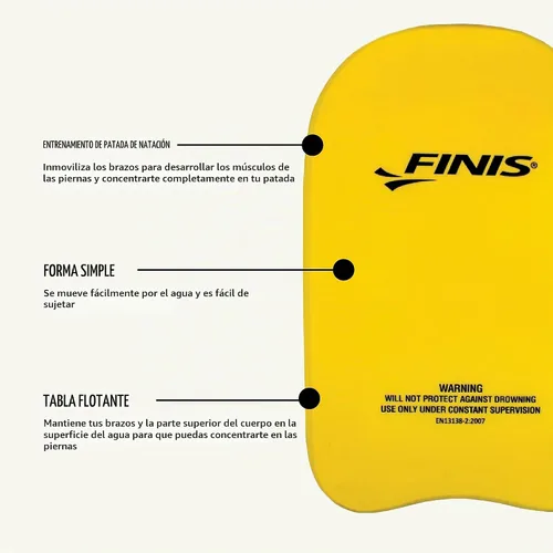 Vista 4 de FINIS Tabla de espuma para entrenamiento de natación, fortalece las piernas, espuma EVA suave, agarre cómodo, color amarillo