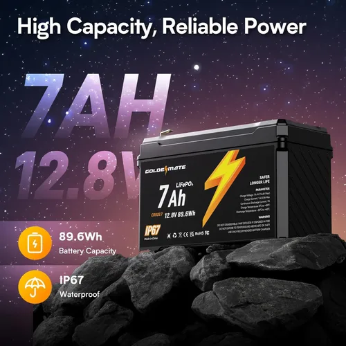 Vista 2 de GOLDENMATE - Batería LiFePO4 de litio de 12 V, 7 Ah, impermeable IP67, ligera
