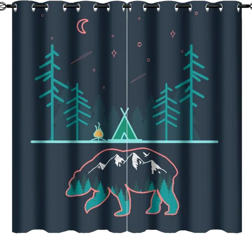 Vista 34 de Cortinas abstractas con estampado de cámper de caricaturas, divertido tema de aventura, campamento, montañas, vida silvestre, oso, tratamiento