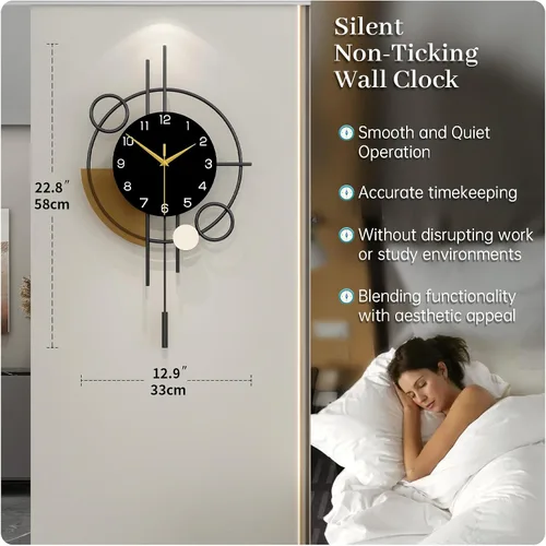 Vista 4 de Reloj de pared grande con péndulo decorativo, funciona con pilas Analog Silent Quartz Black Modern Clock for Living Room,Bedroom,Kitchen,Dining